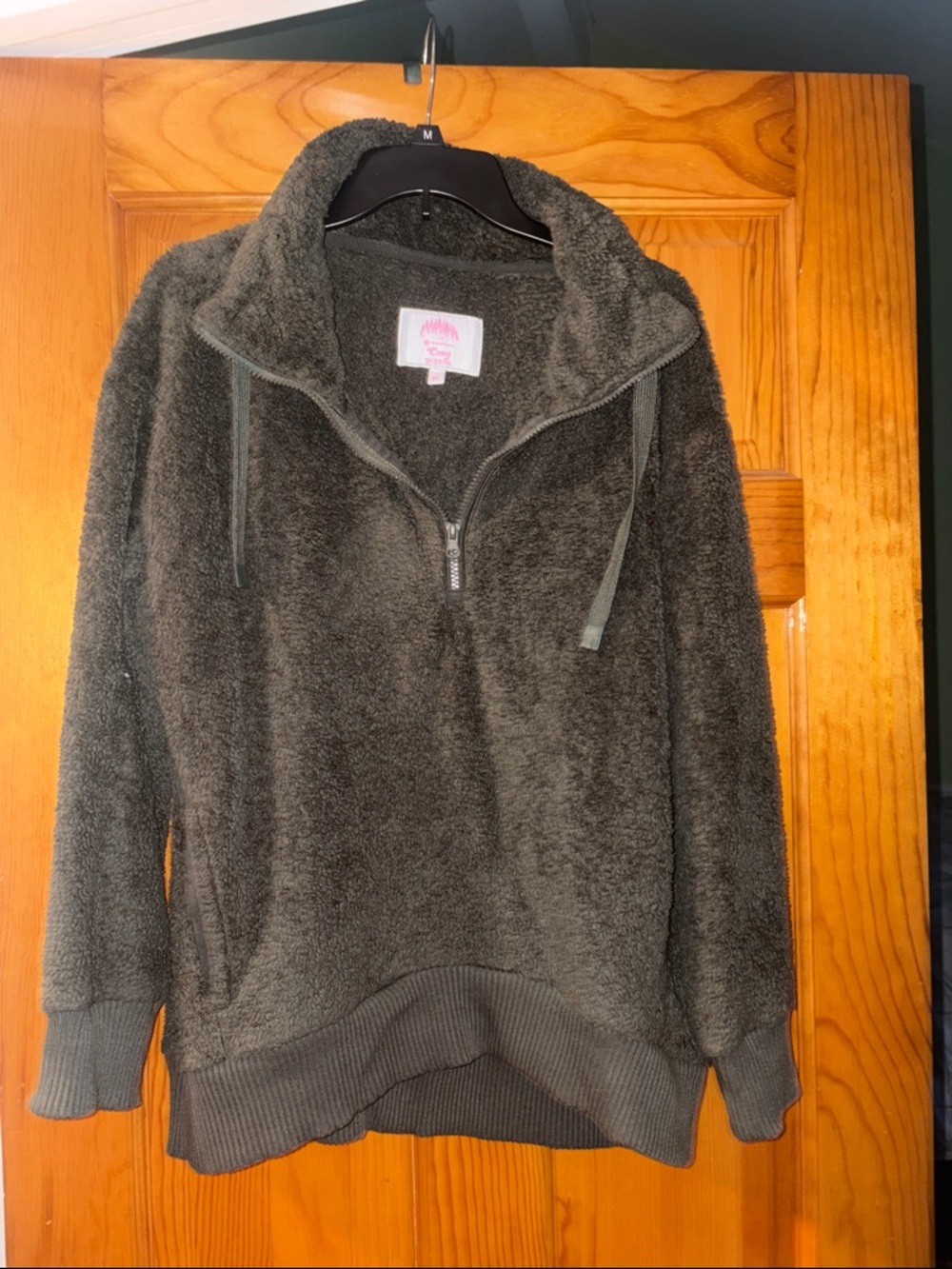 Women’s M Members Mark Cozy Sherpa Quarter-Zip Pullover - Dark Olive